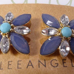 Lee Angel navy Cabochon Crystal Blue Bead Flower Stud Earrings NWT 78